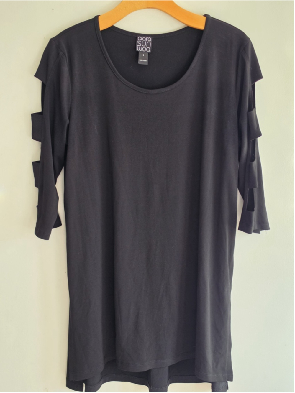 Clara Sunwoo Black Ladder Cutout Sleeve Tunic Top Small Stretch Contemporary